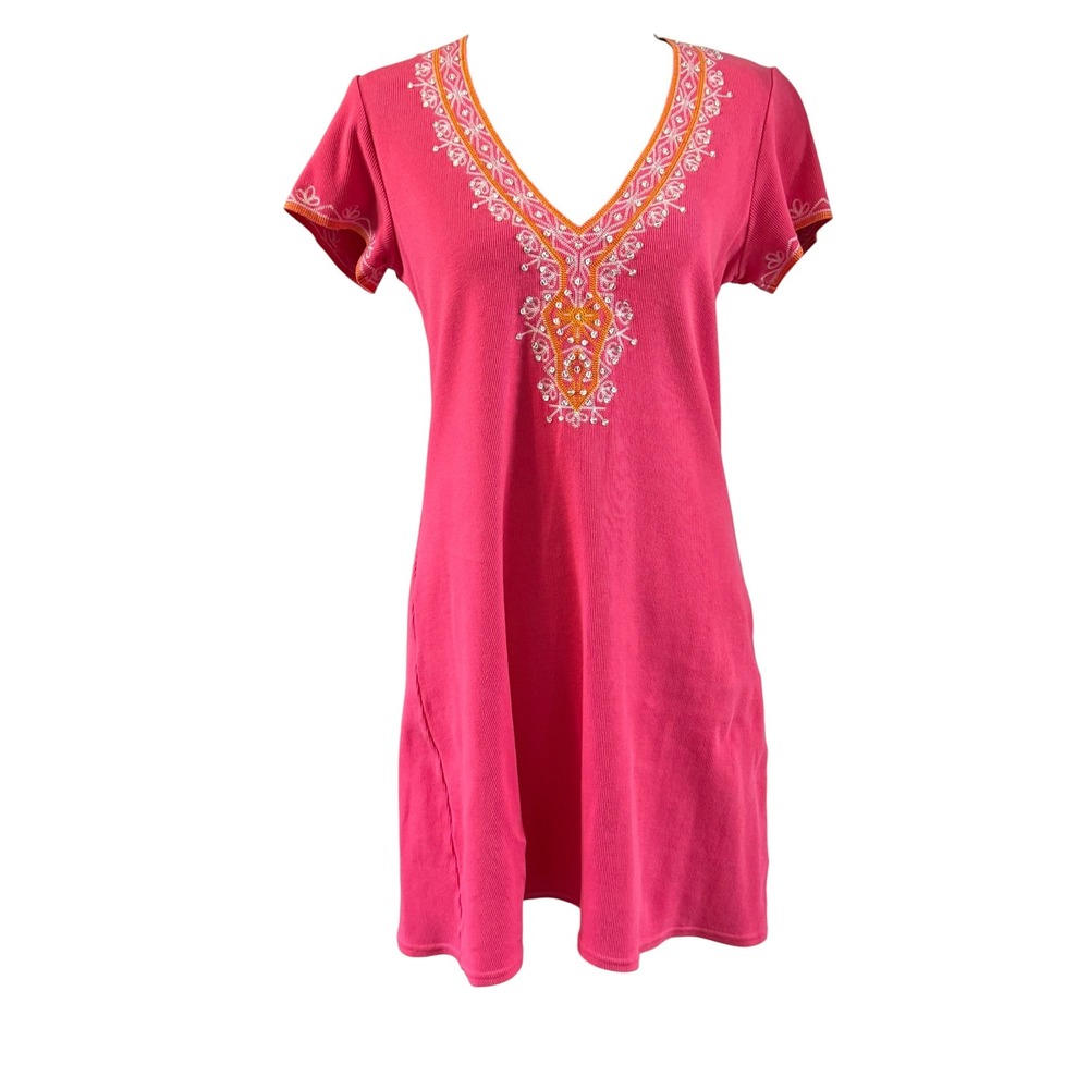 Moda International Pink Embroidered Sequin V-Neck Knit Mini Dress Womens Medium